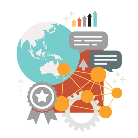 graphic of globe, award and technical information