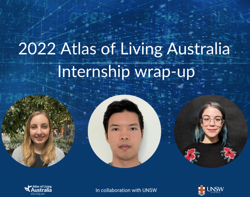 headshots of three interns from 2022, surrounded by a blue background with a tech motif  